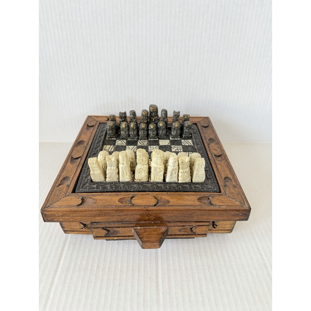Vintage Aztec Mayan Mini Chess Set 32 Pc Wood Board Dual Drawers 8.5 Inch